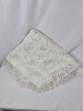 Vintage Sears Satin Quilted Baby Comforter Blanket Sheer Lace Trim Bunny Graphic